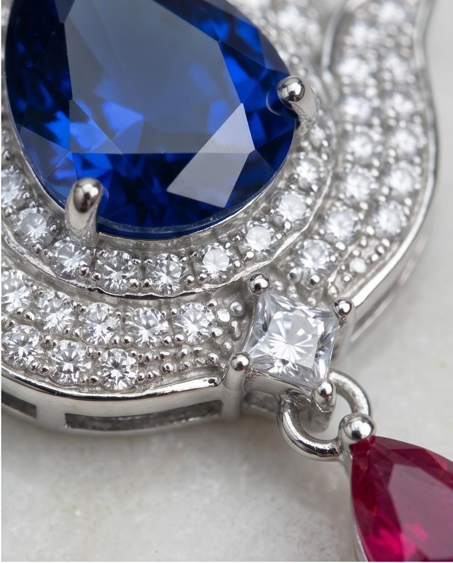 Tanzanite Necklace - Gemstone Lotus Flower Pendant - Sterling Silver - Teardrop Halo Large Deep Blue Tanzanite 2.75 CT #921