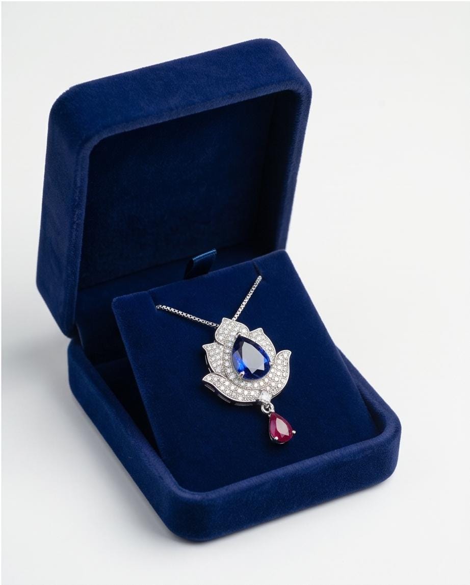 Tanzanite Necklace - Gemstone Lotus Flower Pendant - Sterling Silver - Teardrop Halo Large Deep Blue Tanzanite 2.75 CT #921