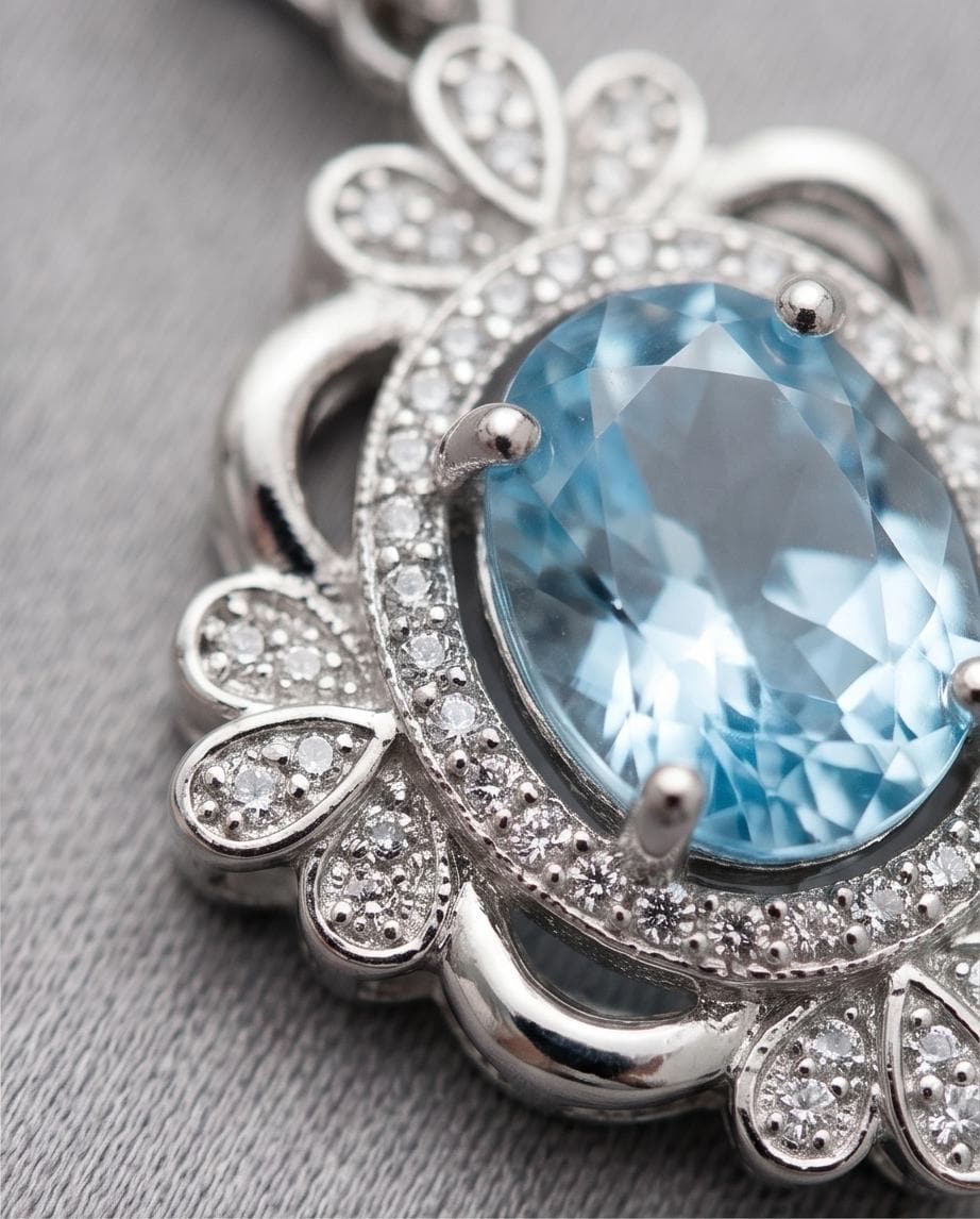 Blue Aquamarine Necklace - Royal Flower Style - 18KGP @ Sterling Silver - Gemstone Flower - Blue Aquamarine Pendant - March Birthstone #664