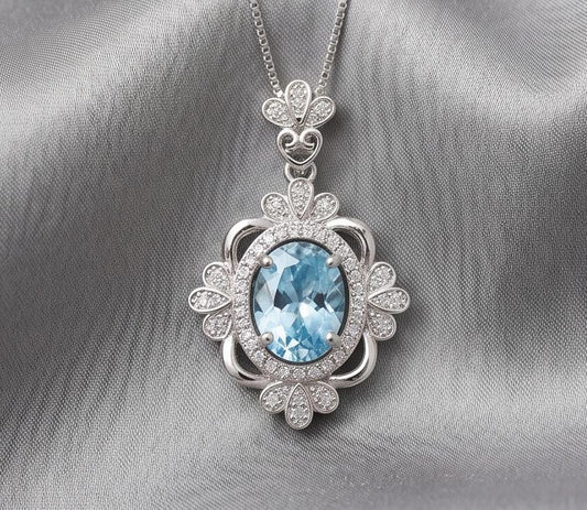 Blue Aquamarine Necklace - Royal Flower Style - 18KGP @ Sterling Silver - Gemstone Flower - Blue Aquamarine Pendant - March Birthstone #664