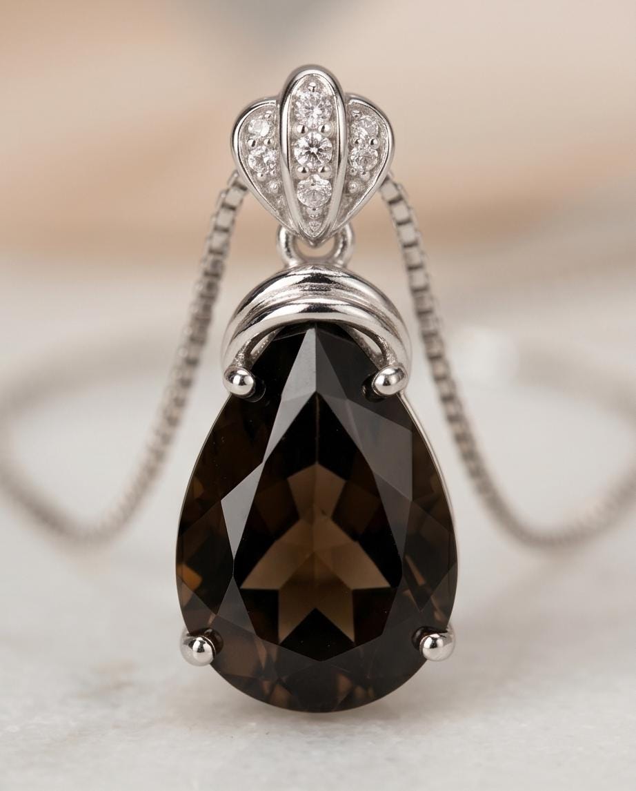 Genuine Smoky Quartz Necklace - 18kgp @ Sterling Silver - Protective Gemstone - Root Chakra Healing - teardrop Smoky Quartz Pendant