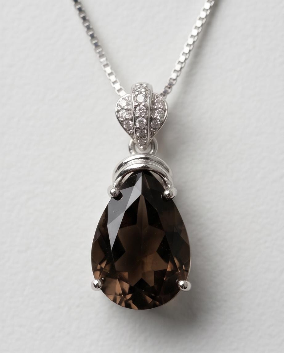 Genuine Smoky Quartz Necklace - 18kgp @ Sterling Silver - Protective Gemstone - Root Chakra Healing - teardrop Smoky Quartz Pendant