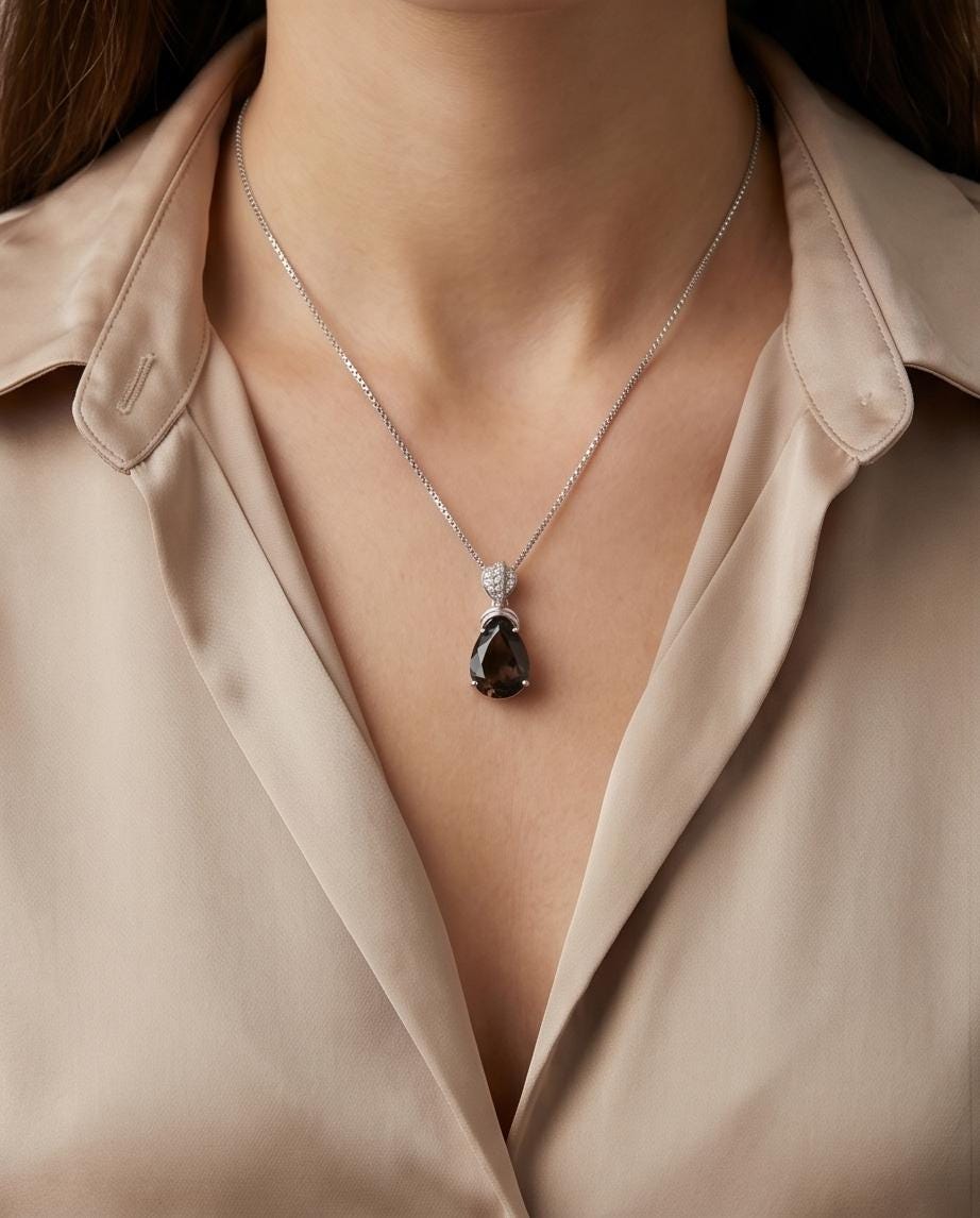 Genuine Smoky Quartz Necklace - 18kgp @ Sterling Silver - Protective Gemstone - Root Chakra Healing - teardrop Smoky Quartz Pendant