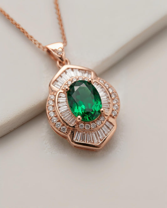 Double Halo Gemstone Rose Gold Emerald Necklace Sterling Silver Flower of Life 1 ct Green Gemstone Pendant Dainty Emerald Pendant #370
