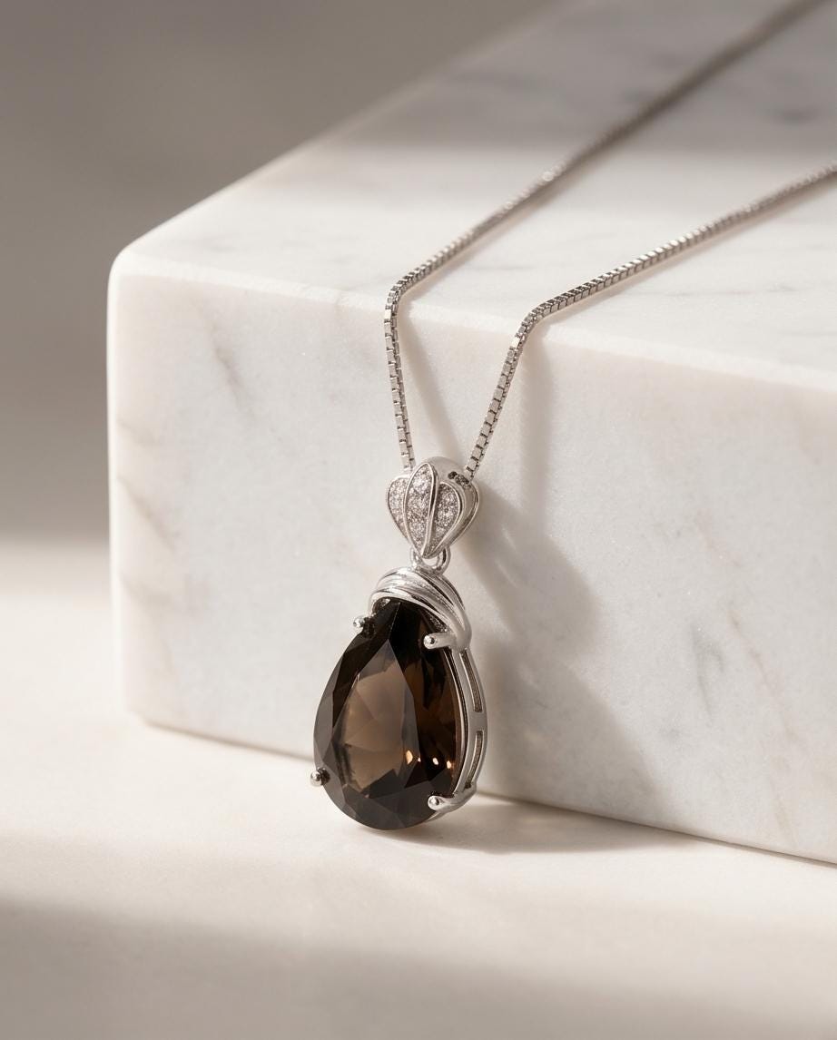 Genuine Smoky Quartz Necklace - 18kgp @ Sterling Silver - Protective Gemstone - Root Chakra Healing - teardrop Smoky Quartz Pendant