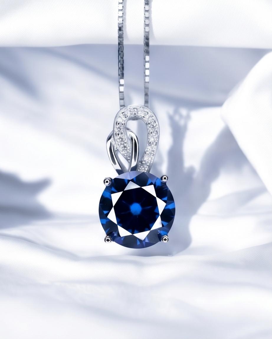 1.8 Ct Blue Sapphire Necklace, White Gold plated Sterling Silver Sim Gemstone September Birthstone Dainty Round ,Blue Sapphire Pendant #158