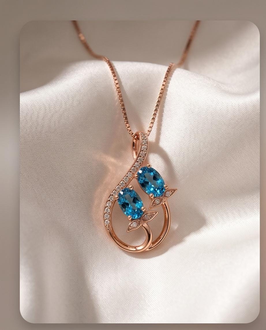 Rose Gold Sterling Silver Blue Topaz Necklace - Gemstone Leaf Flower Tiny Topaz pendant #332