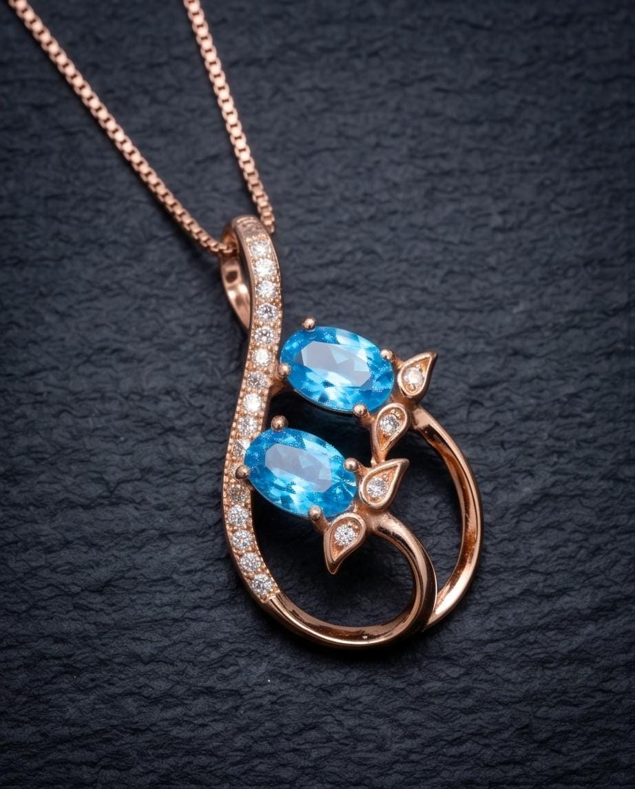Rose Gold Sterling Silver Blue Topaz Necklace - Gemstone Leaf Flower Tiny Topaz pendant #332