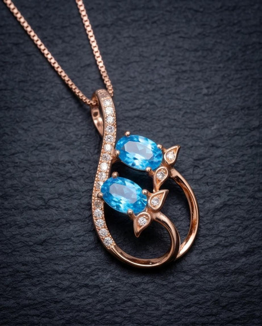 Rose Gold Sterling Silver Blue Topaz Necklace - Gemstone Leaf Flower Tiny Topaz pendant #332