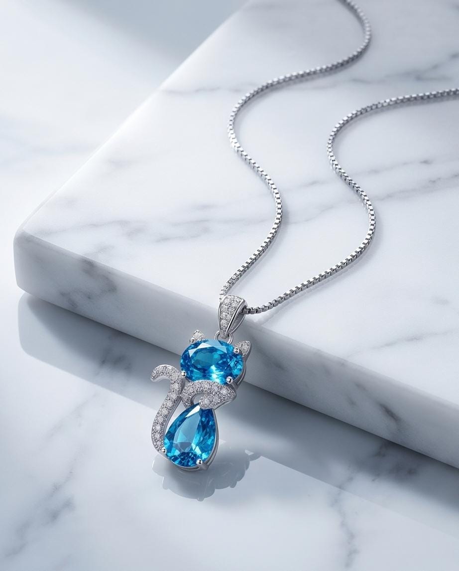 Cat Blue Topaz Necklace, Kitty Cat Swiss Blue Topaz Pendant Gemstone White Gold Plated Sterling Silver Pets Lover Jewelry #216