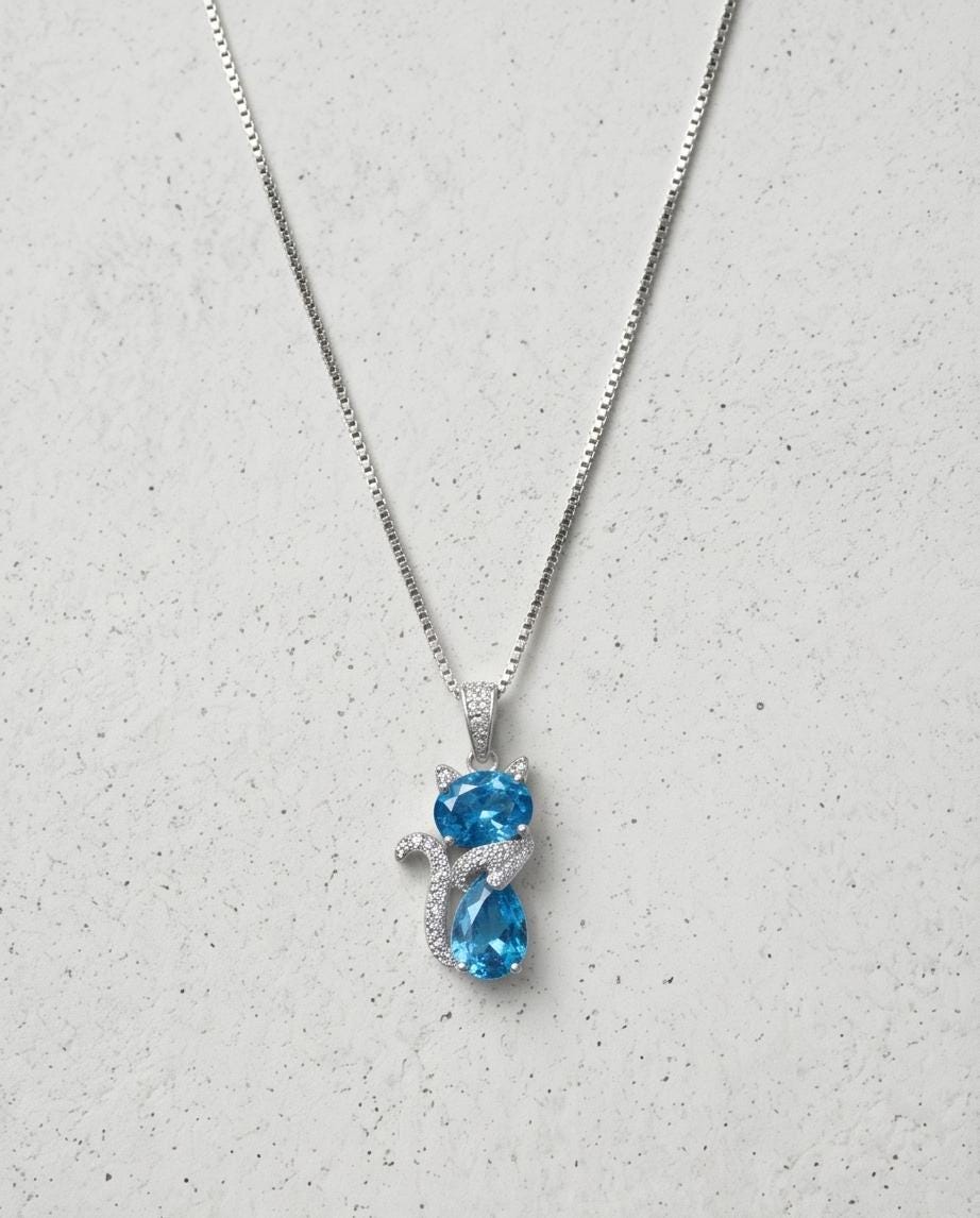Cat Blue Topaz Necklace, Kitty Cat Swiss Blue Topaz Pendant Gemstone White Gold Plated Sterling Silver Pets Lover Jewelry #216