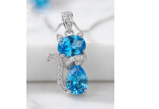 Cat Blue Topaz Necklace, Kitty Cat Swiss Blue Topaz Pendant Gemstone White Gold Plated Sterling Silver Pets Lover Jewelry #216