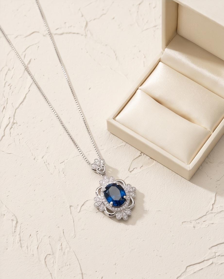Blue Sapphire Necklace - Gemstone Flower White Gold Coated Sterling Silver 2.5 Ct September Birthstone Royal Solitaire Artist Design #648