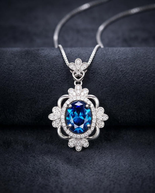 Blue Sapphire Necklace - Gemstone Flower White Gold Coated Sterling Silver 2.5 Ct September Birthstone Royal Solitaire Artist Design #648