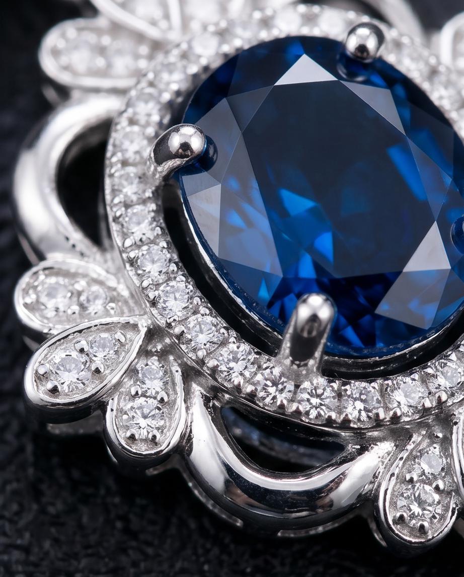 Blue Sapphire Necklace - Gemstone Flower White Gold Coated Sterling Silver 2.5 Ct September Birthstone Royal Solitaire Artist Design #648