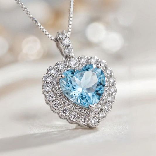 Aquamarine Heart Necklace - Sterling Silver 2 CT Blue Gemstone Gemstone Aquamarine Pendant - March Birthstone White Gold Plated #366