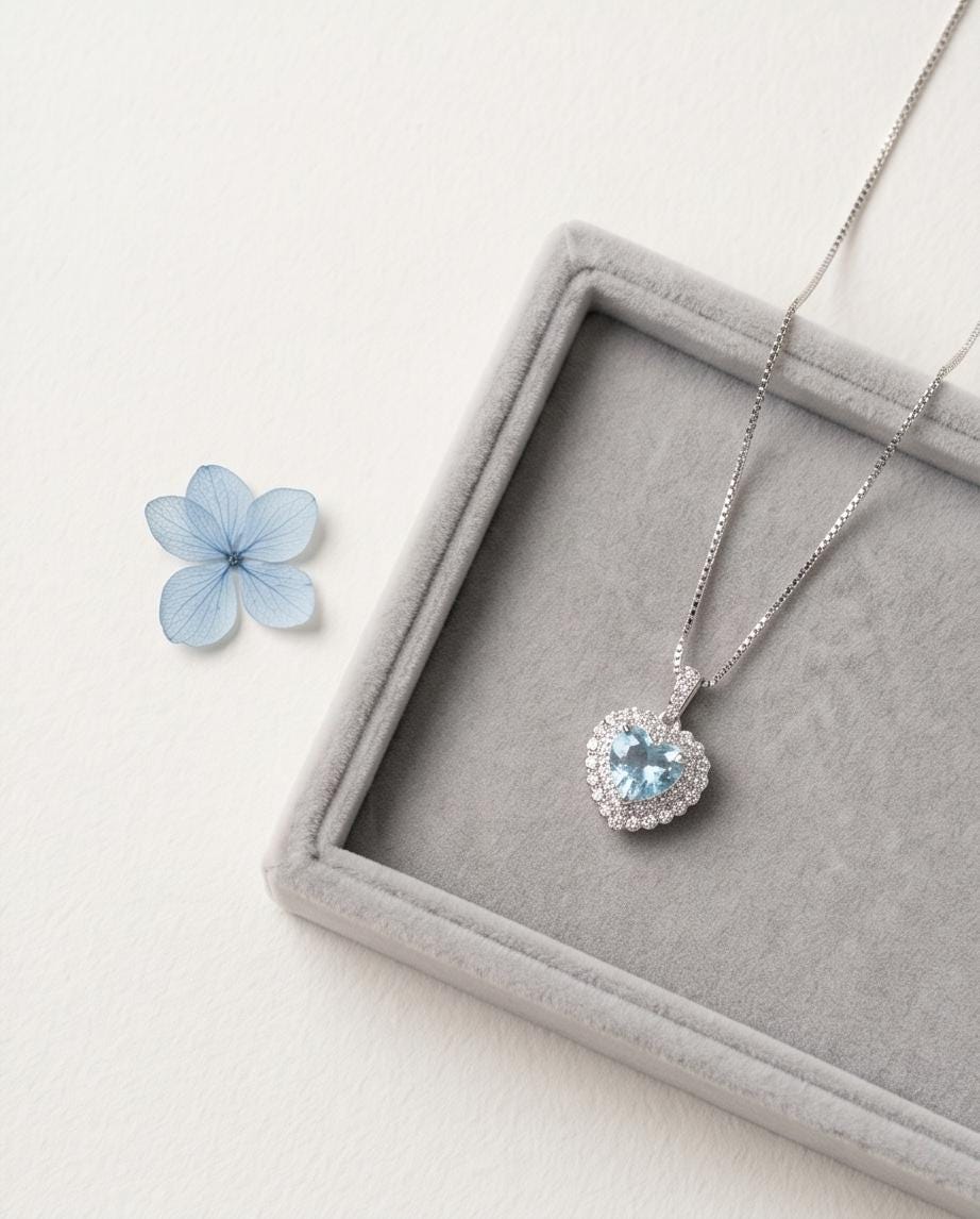 Aquamarine Heart Necklace - Sterling Silver 2 CT Blue Gemstone Gemstone Aquamarine Pendant - March Birthstone White Gold Plated #366