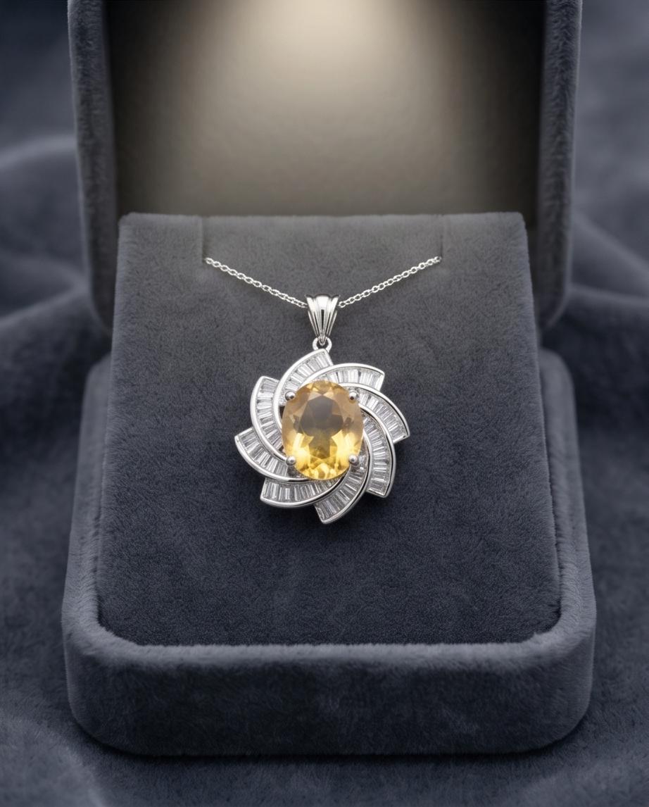 Genuine Citrine Necklace - Sterling Silver 2.8 CT Citrine Pendant - Milky Way Spiral Galaxy Energy Vortexes Windmill Jewelry #820