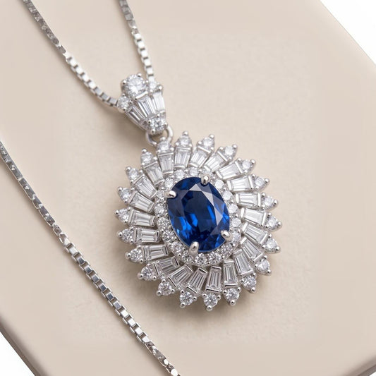 Life Spiral Blue Sapphire Necklace, White Gold Coated Sterling Silver, Triple Gemstone Blue Sapphire Pendant Royal Whirl Jewelry #843