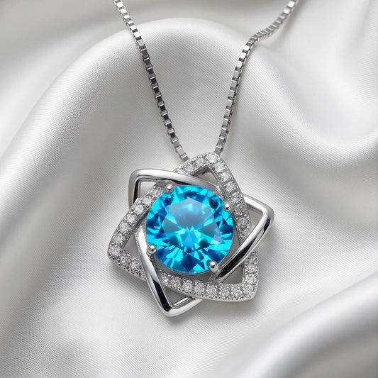 Blue Topaz Necklace - Gemstone David Star Necklace - Sterling Silver White Gold Plated Celestial Geometric Art Deco Jewelry #383
