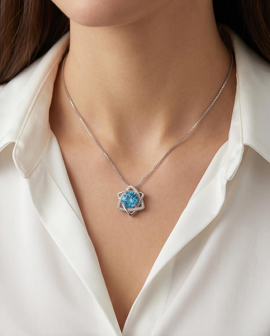 Blue Topaz Necklace - Gemstone David Star Necklace - Sterling Silver White Gold Plated Celestial Geometric Art Deco Jewelry #383