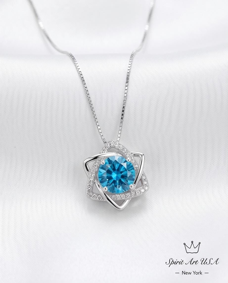 Blue Topaz Necklace - Gemstone David Star Necklace - Sterling Silver White Gold Plated Celestial Geometric Art Deco Jewelry #383
