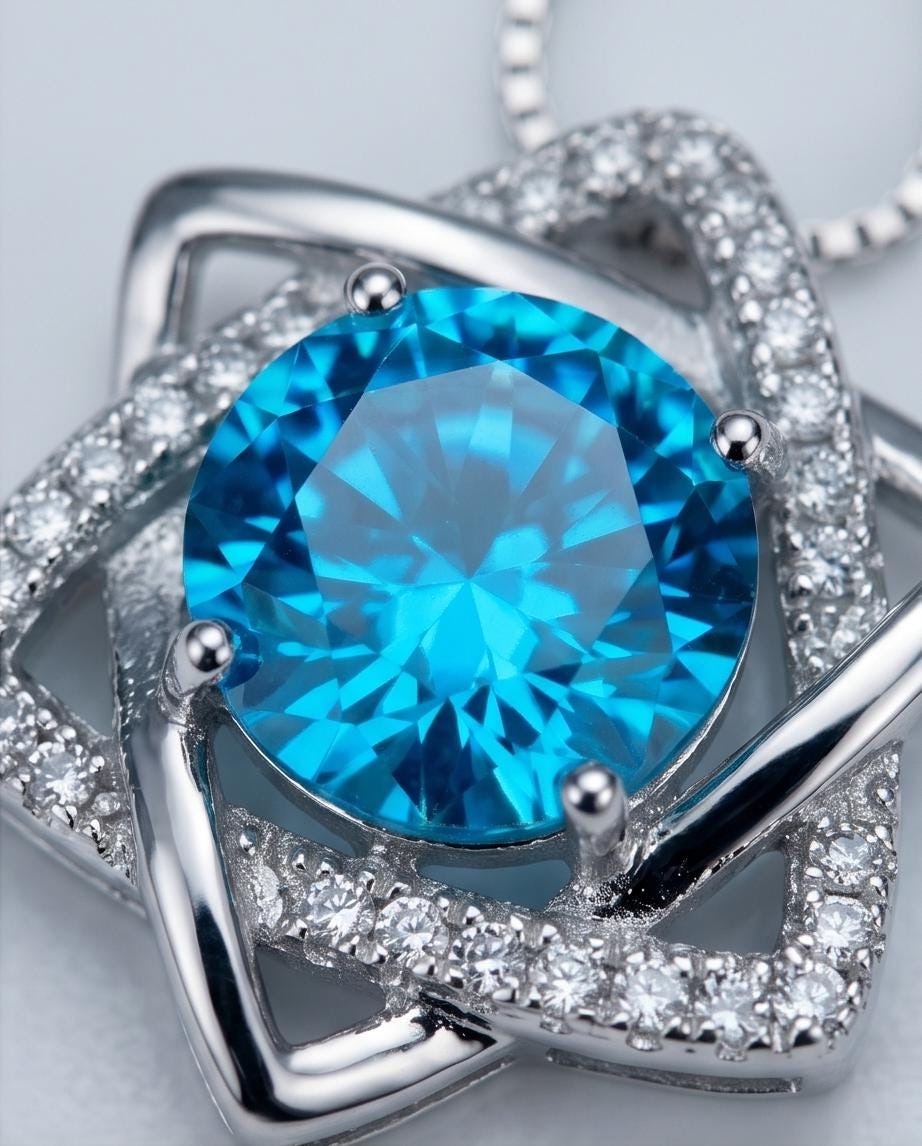 Blue Topaz Necklace - Gemstone David Star Necklace - Sterling Silver White Gold Plated Celestial Geometric Art Deco Jewelry #383