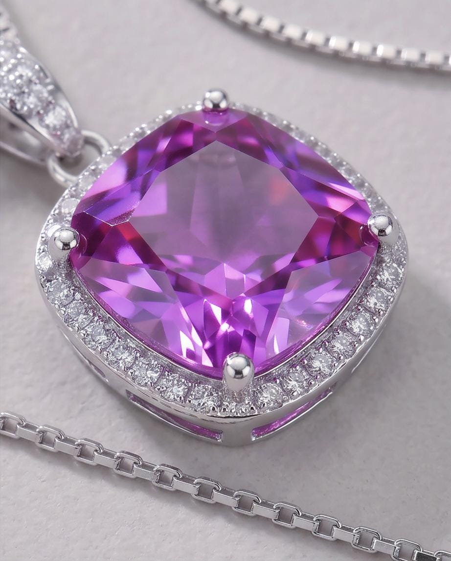 Pink Sapphire Necklace - 6CT Fuchsia Hot Pink Gemstone Pendant - Large Square Sapphire Jewelry Sterling Silver White Gold Plated #462