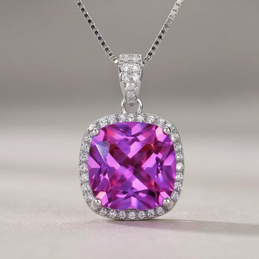 Pink Sapphire Necklace - 6CT Fuchsia Hot Pink Gemstone Pendant - Large Square Sapphire Jewelry Sterling Silver White Gold Plated #462