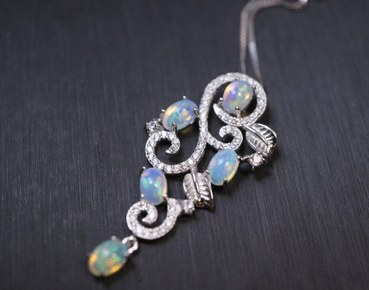 Genuine Fire Opal Necklace, Sterling Silver Ethiopian Opal Pendant Rainbow Moonstone Leaf Jewelry White gold coated