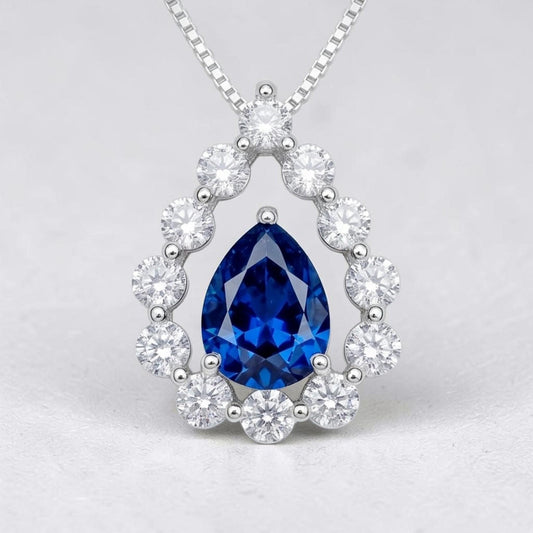 Blue Sapphire Necklace 18kgp Sterling Silver - Gemstone Halo - Teardrop Blue Sapphire Pendant - September Birthstone - Pear Cut 2.6 CT #954