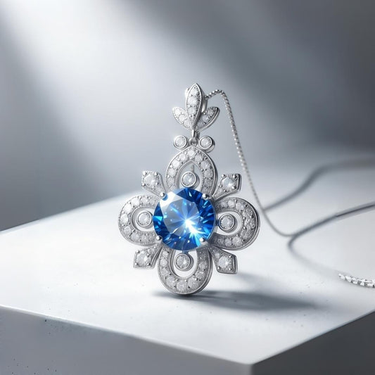 Blue Sapphire Necklace Gemstone Flower Style - 6mm Round Blue Sapphire Pendant - 18KGP @ Sterling Silver - September Birthstone #600