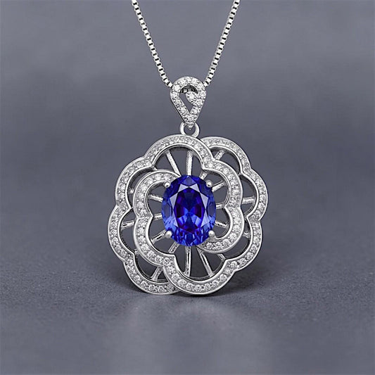 Gemstone Peony Blue Tanzanite Necklace, 2.1 CT Blue Gemstone Pendant 18k @ Sterling Silver Flower Tanzanite Jewelry #555