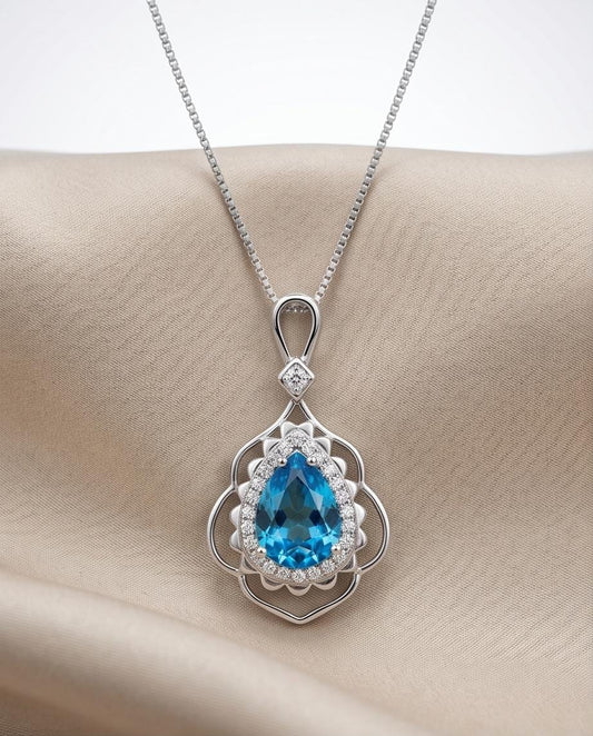 Large Blue Topaz Necklace Sterling Silver - White Gold coated - November Birthstone - 3 CT Gemstone Flower Swiss Blue Topaz Pendant #752