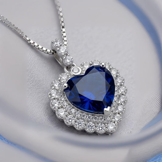 Tanzanite Necklace - 18k @ Sterling Silver - Gemstone Blue Ocean Heart Double Halo 2 CT Man created Vivid Energic Tanzanite Gemstone #474