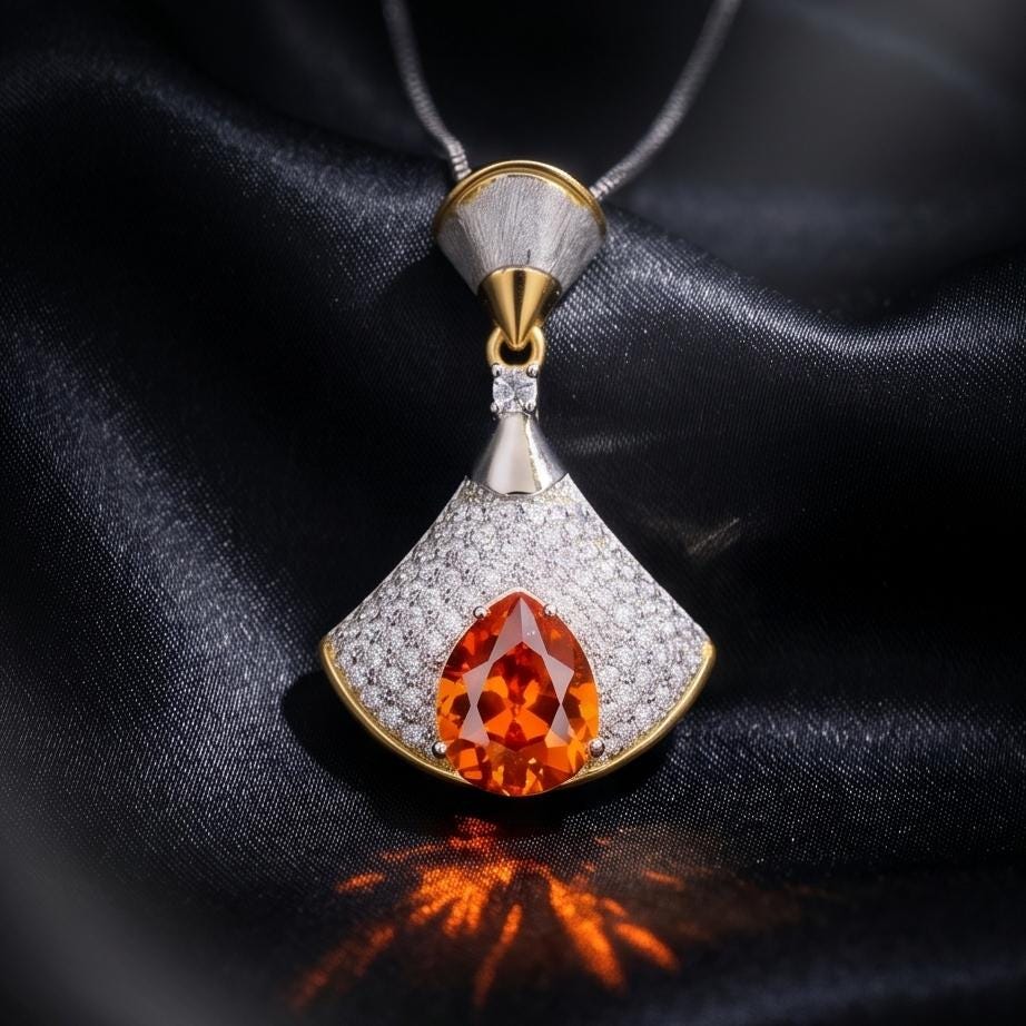 Brilliant Sunstone Necklace - Full Sterling Silver - White Gold coated - Gemstone Drop 3 CT Orange Spessartite Garnet Jewelry #828