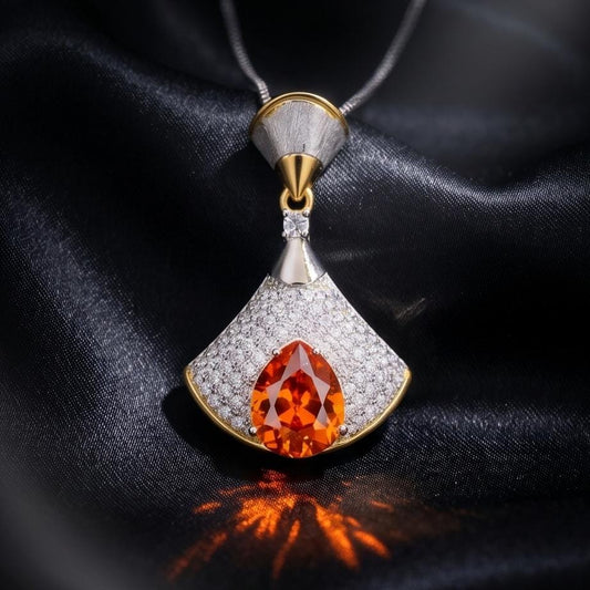Brilliant Sunstone Necklace - Full Sterling Silver - White Gold coated - Gemstone Drop 3 CT Orange Spessartite Garnet Jewelry #828