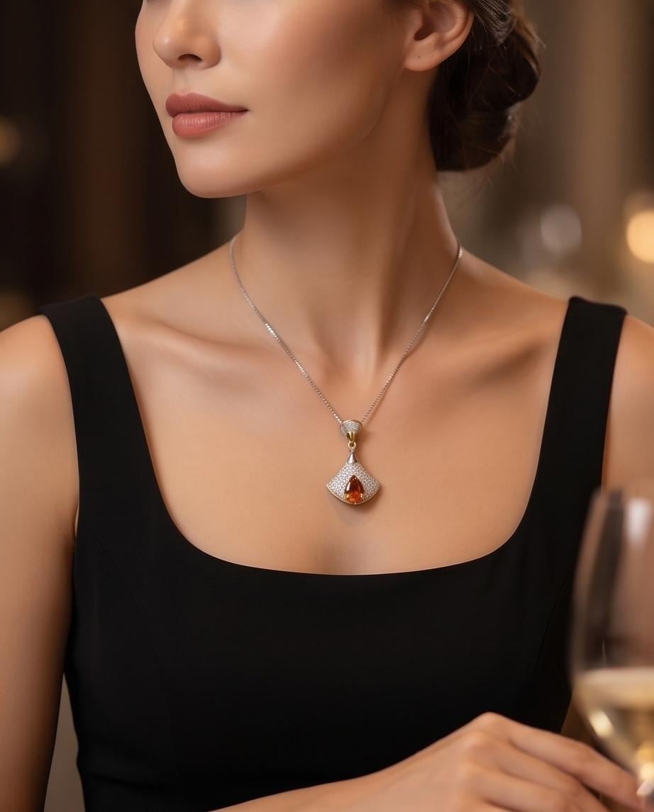 Brilliant Sunstone Necklace - Full Sterling Silver - White Gold coated - Gemstone Drop 3 CT Orange Spessartite Garnet Jewelry #828