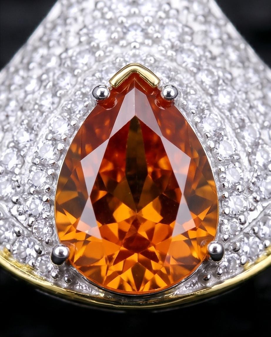Brilliant Sunstone Necklace - Full Sterling Silver - White Gold coated - Gemstone Drop 3 CT Orange Spessartite Garnet Jewelry #828