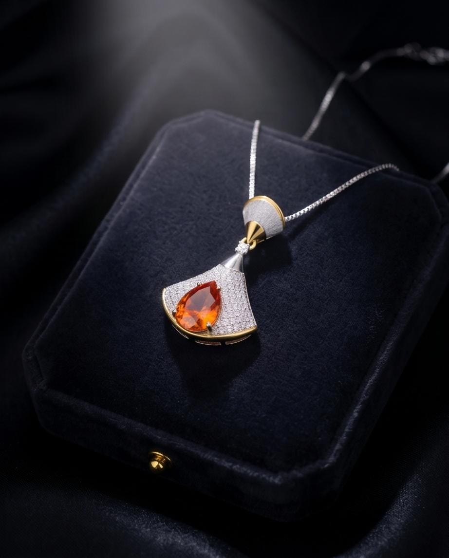 Brilliant Sunstone Necklace - Full Sterling Silver - White Gold coated - Gemstone Drop 3 CT Orange Spessartite Garnet Jewelry #828