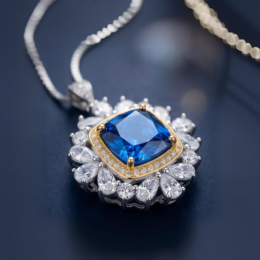Square Blue Sapphire Necklace - 7 CT Sapphire Pendant - Gemstone Surround Gold Halo Sterling Silver - Large 10 MM Blue Sapphire #806
