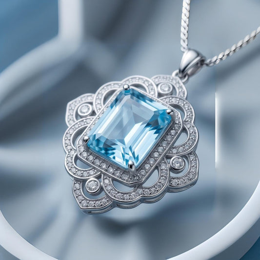 Gorgeous Large Blue Aquamarine Necklace Diamond 18kgp @ Sterling Silver flower of Ascension Pendant Faceted Rectangle 5 CT Aquamarine #897