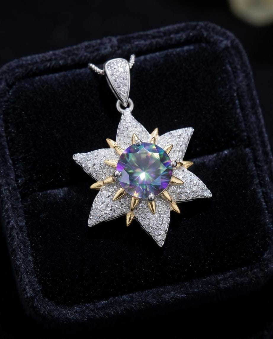 Gemstone Star Mystic Topaz Necklace - 18KGP Sterling Silver - 6 Point Star Pendant - 2CT Hexagram Art Deco Rainbow Topaz Jewelry #816