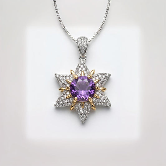 Genuine Amethyst Necklace - Celestial Point Star Pendant - 18KGP @ Sterling Silver - Round Cut Natural Amethyst Pendant February Birthstones
