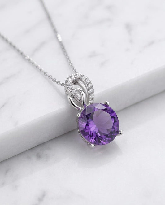 Genuine Amethyst Necklace - Sterling Silver - 8 mm 2 CT Round Solitaire - Natural Amethyst Pendant #263