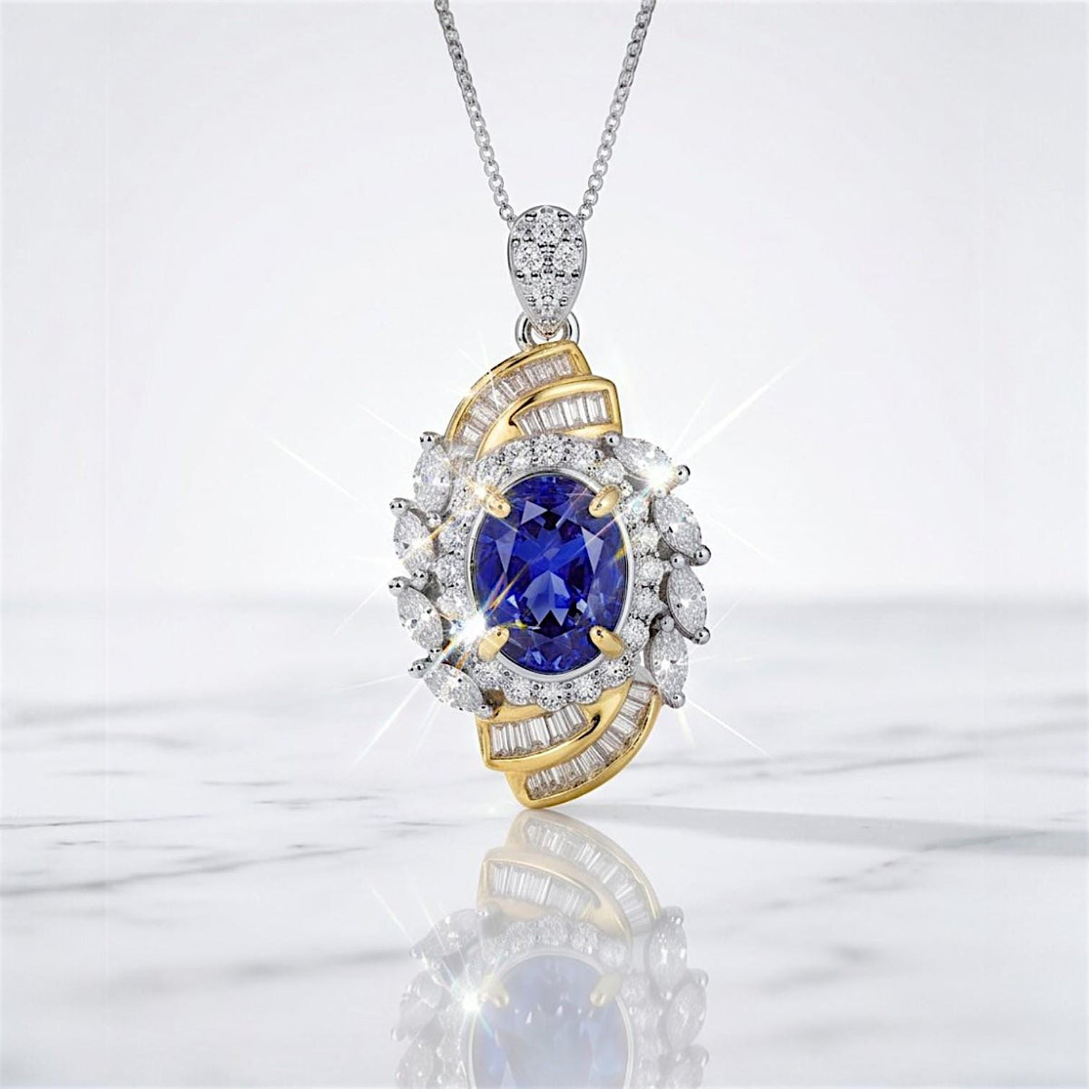Tanzanite Necklace - Life Spiral Pendant - 1.5 CT Lab Created Blue Tanzanite Jewelry - Spiritual Diamond Flower 18KGP @ Sterling Silver #644