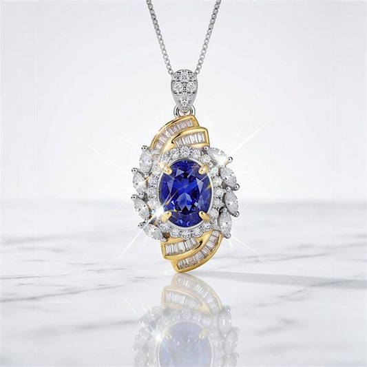 Tanzanite Necklace - Life Spiral Pendant - 1.5 CT Lab Created Blue Tanzanite Jewelry - Spiritual Diamond Flower 18KGP @ Sterling Silver #644