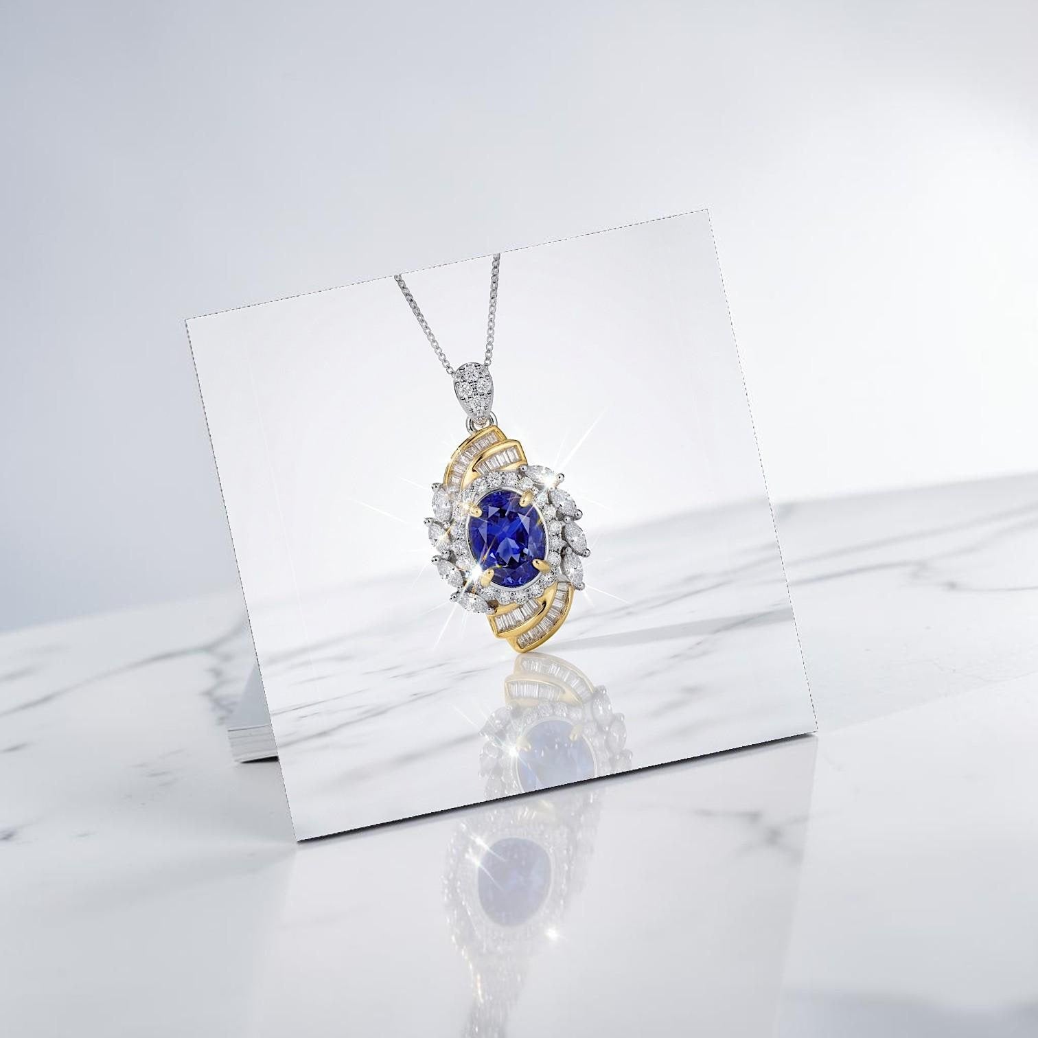 Tanzanite Necklace - Life Spiral Pendant - 1.5 CT Lab Created Blue Tanzanite Jewelry - Spiritual Diamond Flower 18KGP @ Sterling Silver #644