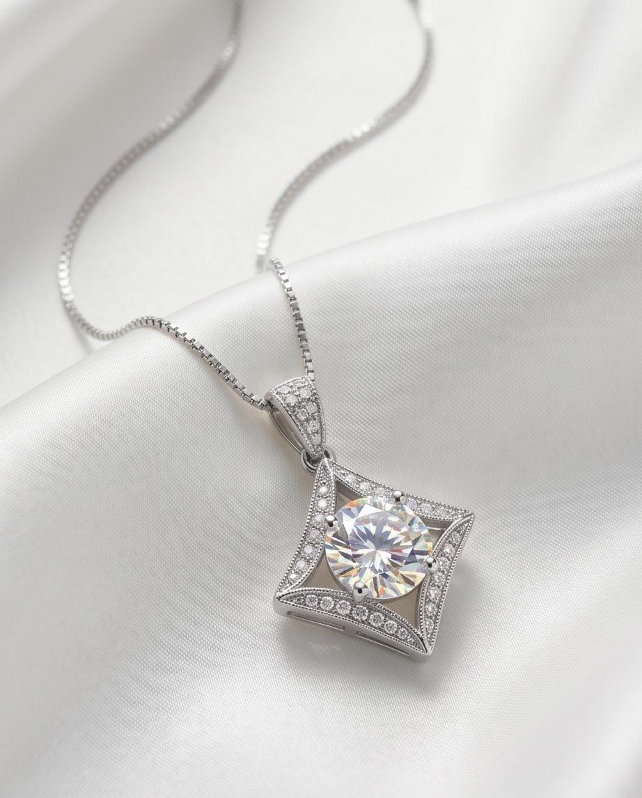 Genuine Moissanite Gemstone Necklace D color 1 ct - GRA Certificate Gemstone Jewelry Round Cut Gemotric Jewelry 18kgp@sterling silver #793