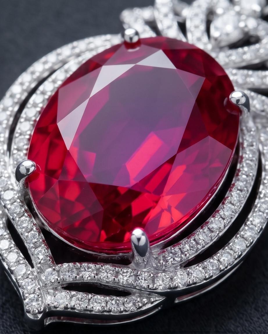 Large Ruby Sterling Silver Necklace 14 ct Oval Lab Red Gemstone Pendant July Birthstone Royal Crown #913